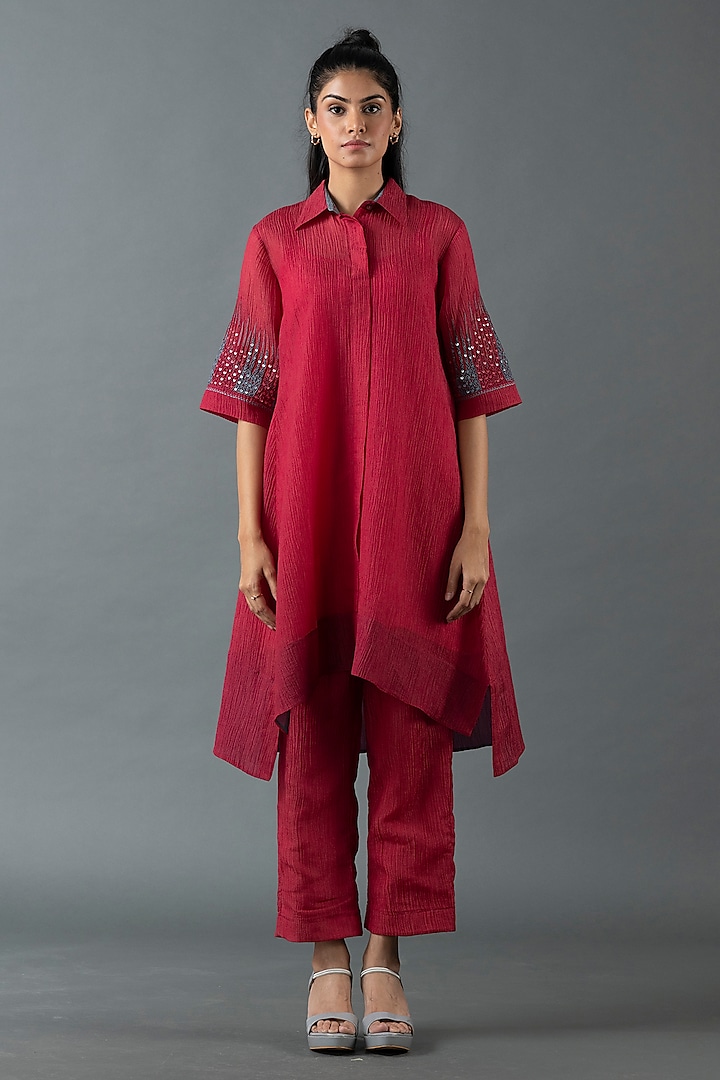 Maroon Japanese Quash Hand Embroidered Tunic Set by OJA at Pernia's Pop Up Shop