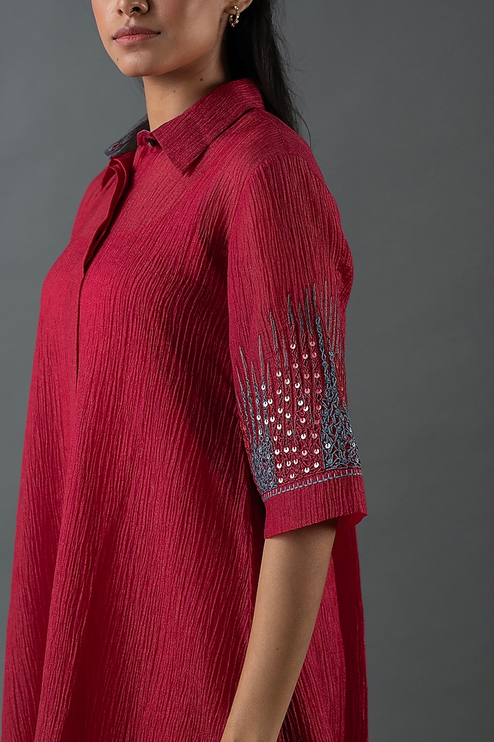 Maroon Japanese Quash Hand Embroidered Tunic Set by OJA at Pernia's Pop Up Shop