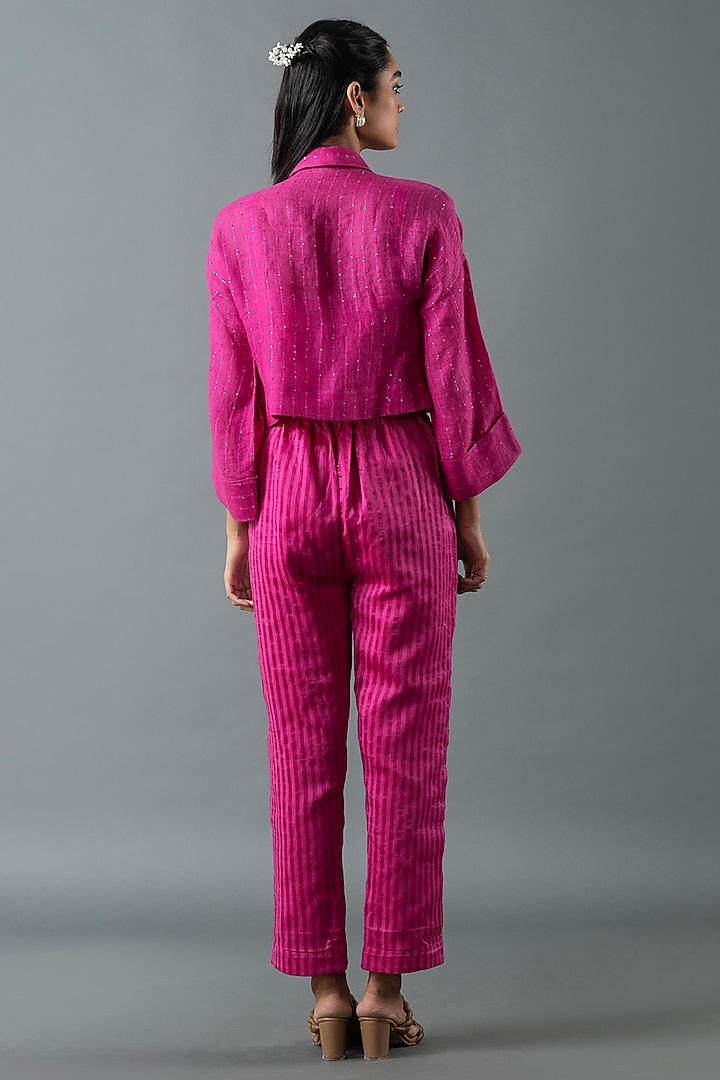 Magenta Shrim Linen Embroidered Jacket Set by OJA at Pernia's Pop Up Shop