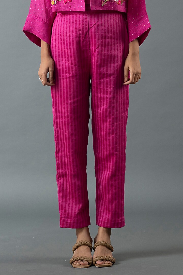 Magenta Shrim Linen Embroidered Jacket Set by OJA at Pernia's Pop Up Shop