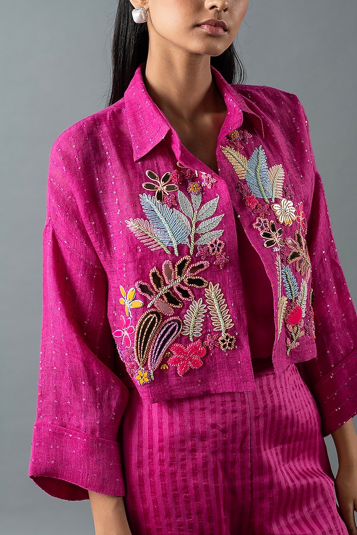 Magenta Shrim Linen Embroidered Jacket Set by OJA at Pernia's Pop Up Shop