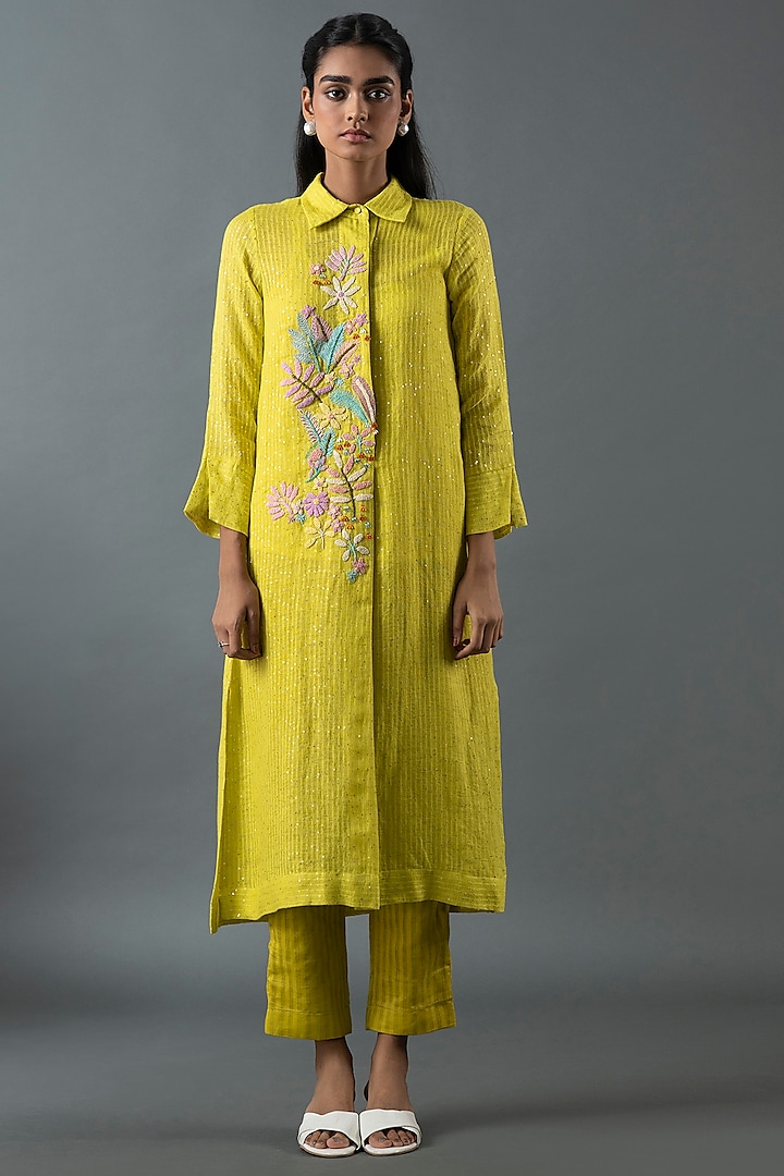 Lime Green Shrimp Linen Thread Embroidered Tunic Set by OJA at Pernia's Pop Up Shop