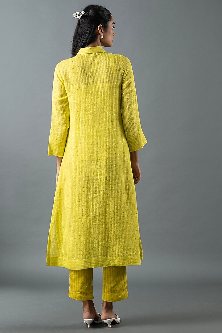 Lime Green Shrimp Linen Thread Embroidered Tunic Set by OJA at Pernia's Pop Up Shop