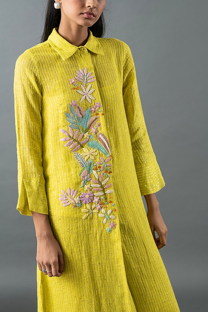 Lime Green Shrimp Linen Thread Embroidered Tunic Set by OJA at Pernia's Pop Up Shop