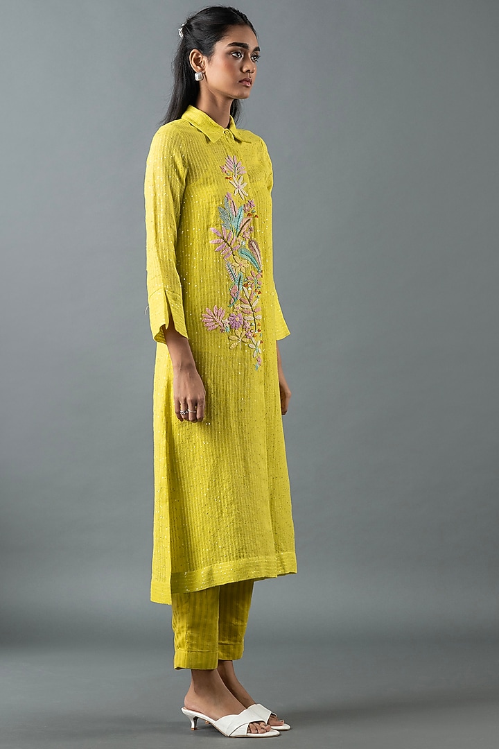 Lime Green Shrimp Linen Thread Embroidered Tunic Set by OJA at Pernia's Pop Up Shop