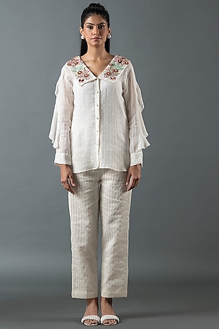Ivory Shrimp Linen Glass Embroidered Co-Ord Set by OJA