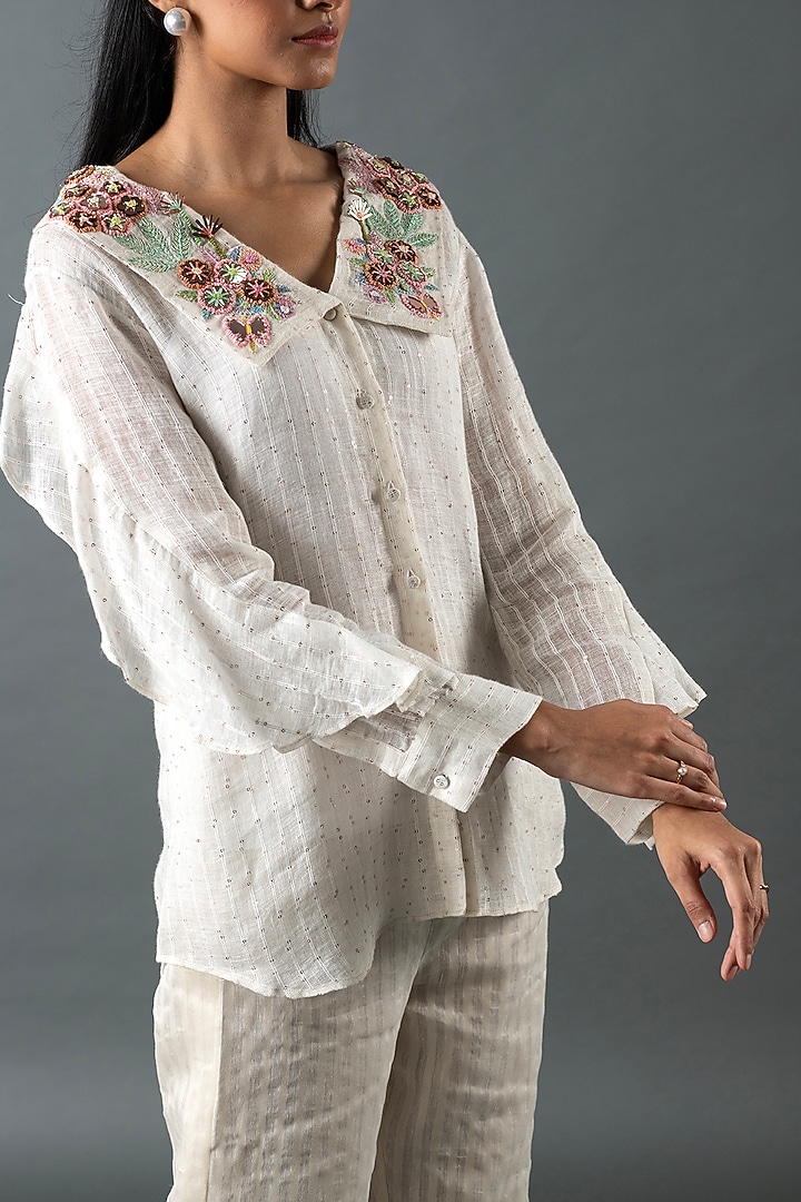 Ivory Shrimp Linen Glass Embroidered Co-Ord Set by OJA at Pernia's Pop Up Shop