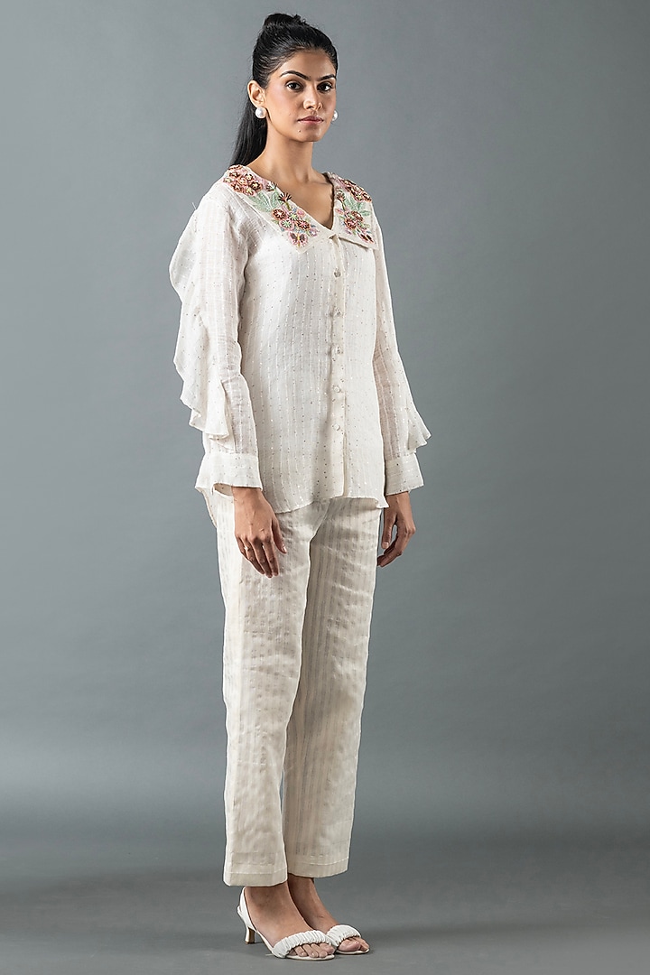 Ivory Shrimp Linen Glass Embroidered Co-Ord Set by OJA at Pernia's Pop Up Shop