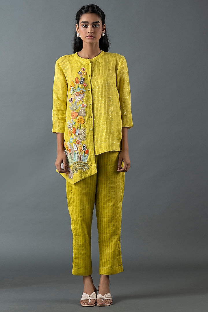 Lime Green Shrimp Linen Embroidered Co-Ord Set by OJA at Pernia's Pop Up Shop