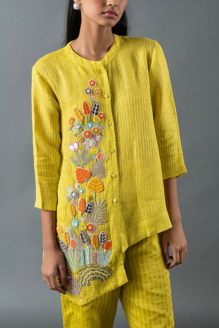 Lime Green Shrimp Linen Embroidered Co-Ord Set by OJA at Pernia's Pop Up Shop