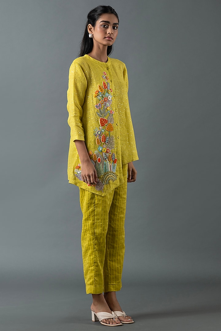Lime Green Shrimp Linen Embroidered Co-Ord Set by OJA at Pernia's Pop Up Shop