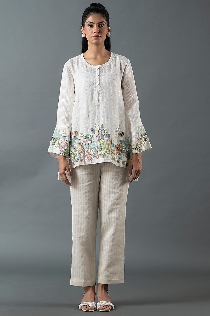 Ivory Shrimp Linen Glass Embroidered Co-Ord Set by OJA at Pernia's Pop Up Shop