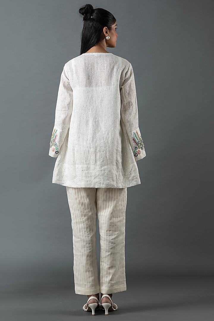 Ivory Shrimp Linen Glass Embroidered Co-Ord Set by OJA at Pernia's Pop Up Shop