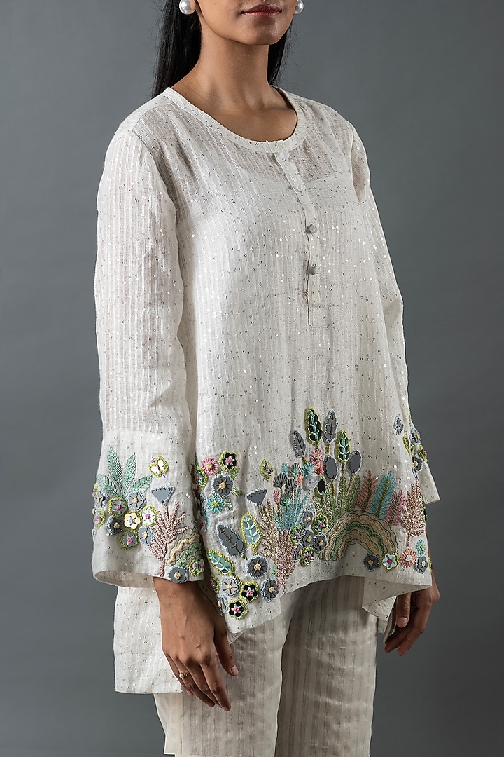 Ivory Shrimp Linen Glass Embroidered Co-Ord Set by OJA at Pernia's Pop Up Shop