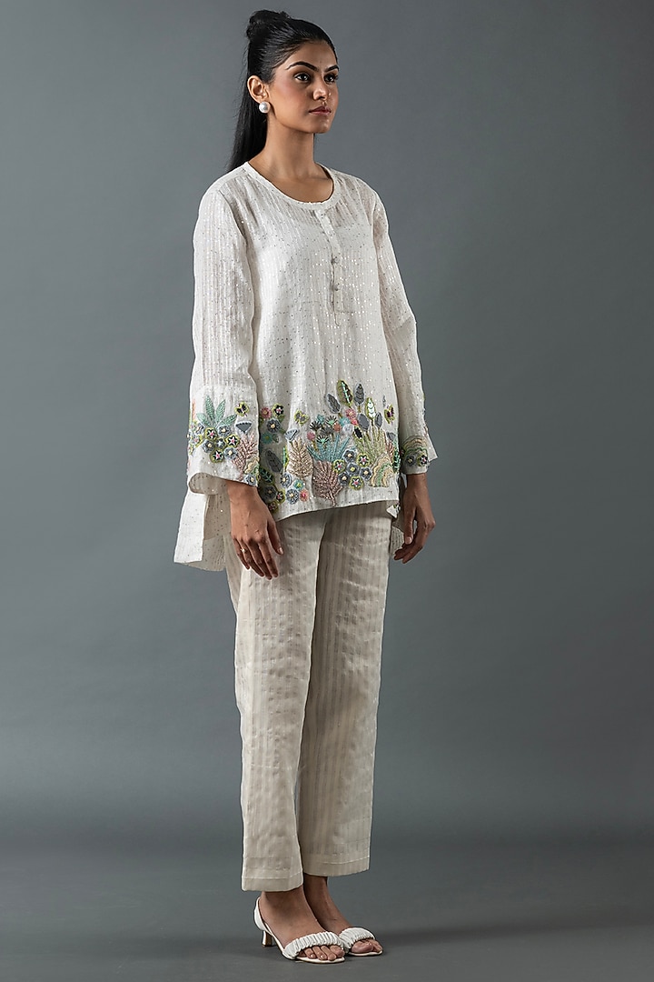 Ivory Shrimp Linen Glass Embroidered Co-Ord Set by OJA at Pernia's Pop Up Shop