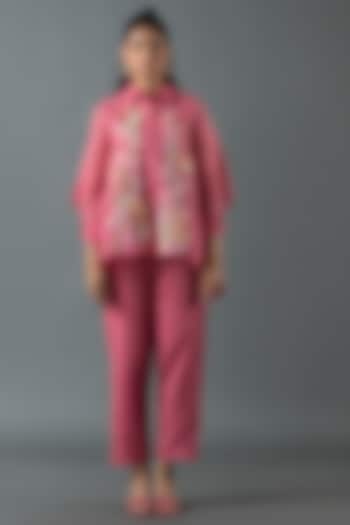 Cerise Pink Shrimp Linen Gota Embroidered Co-Ord Set by OJA at Pernia's Pop Up Shop