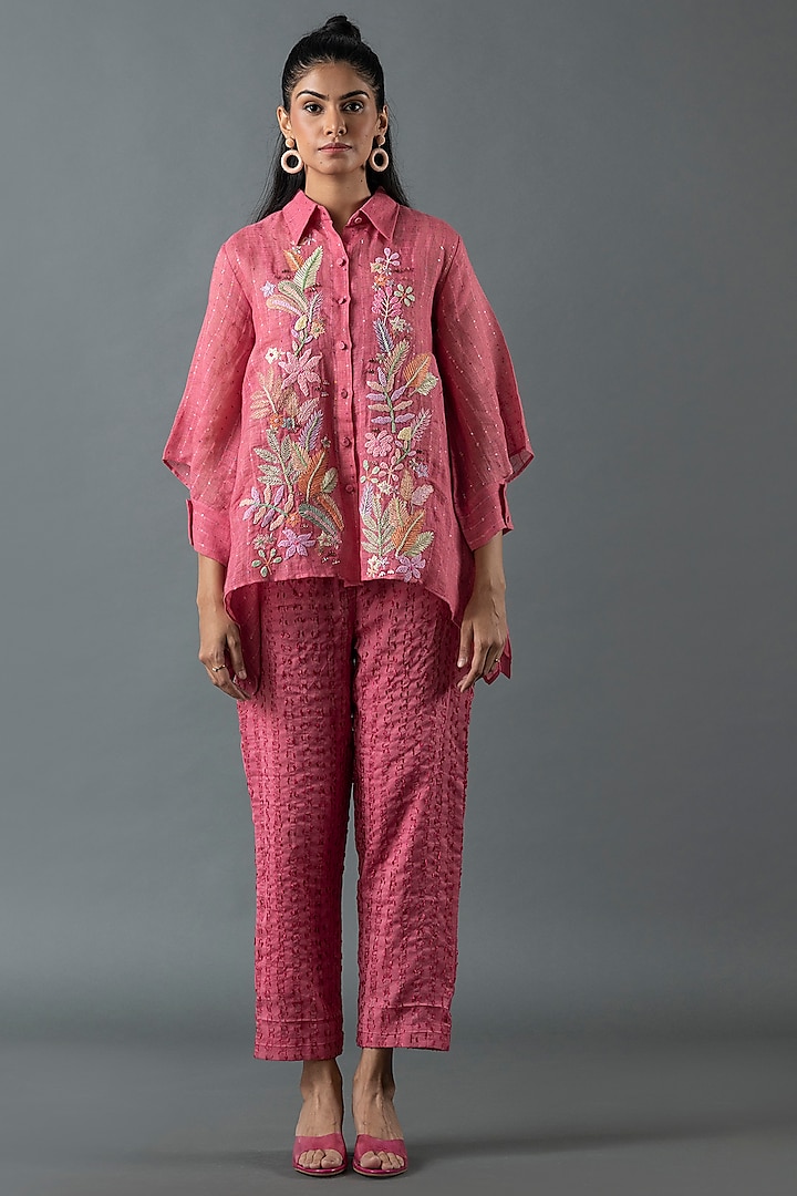 Cerise Pink Shrimp Linen Gota Embroidered Co-Ord Set by OJA at Pernia's Pop Up Shop