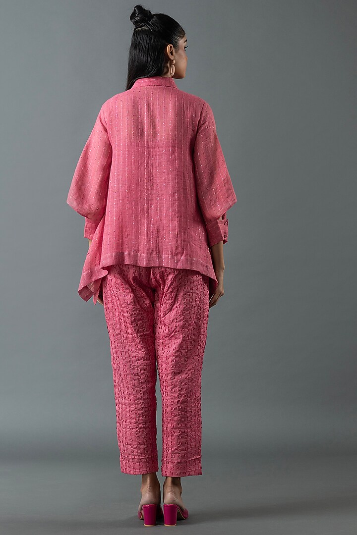 Cerise Pink Shrimp Linen Gota Embroidered Co-Ord Set by OJA at Pernia's Pop Up Shop