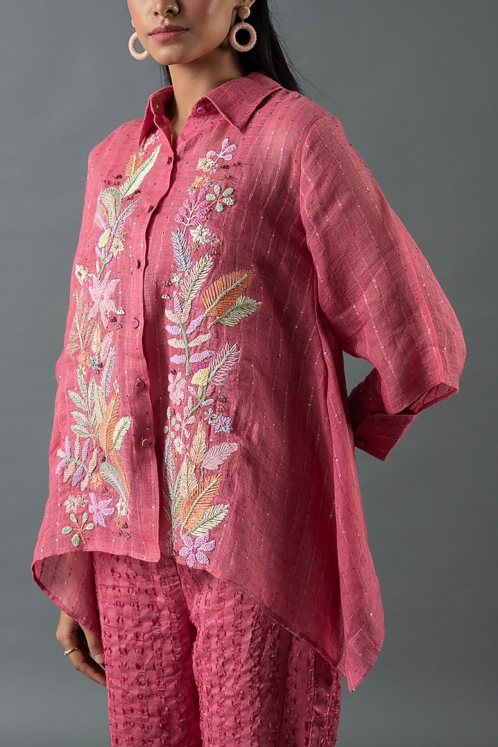 Cerise Pink Shrimp Linen Gota Embroidered Co-Ord Set by OJA at Pernia's Pop Up Shop