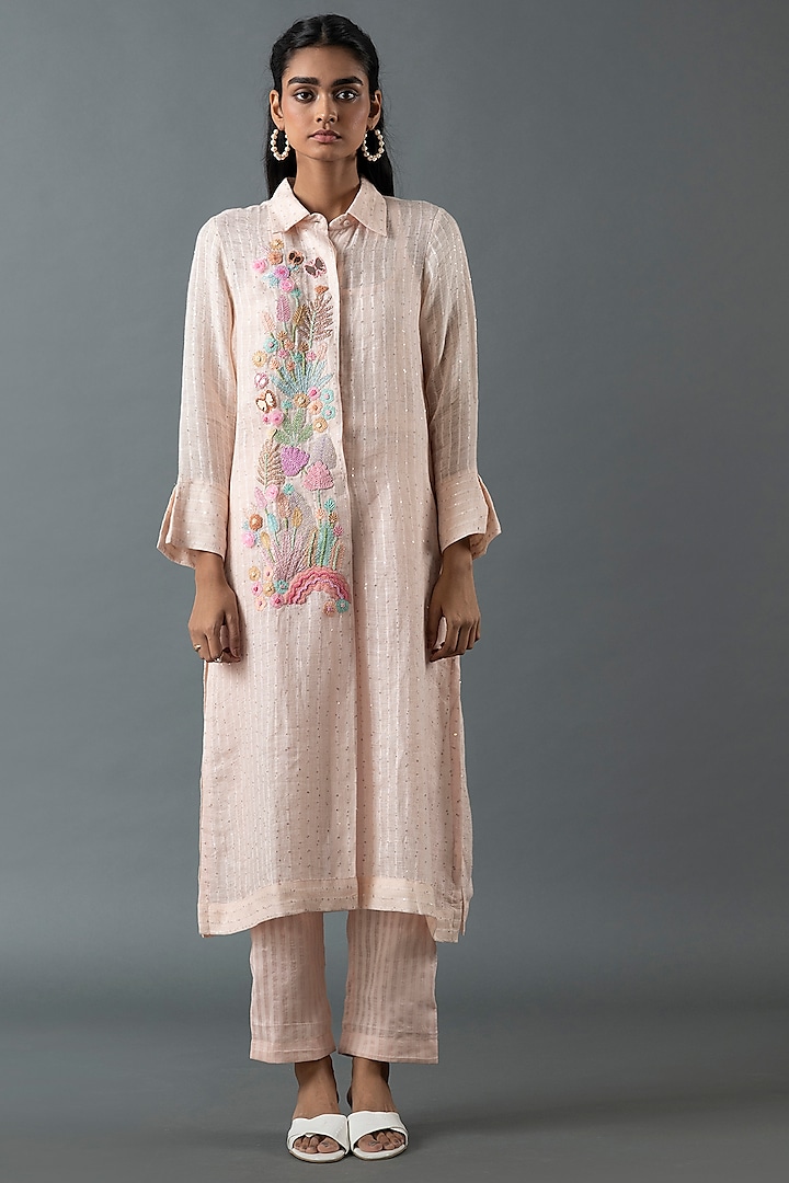 Pink Shrimp Linen Thread Embroidered Tunic Set by OJA at Pernia's Pop Up Shop