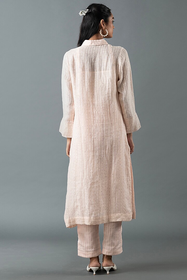 Pink Shrimp Linen Thread Embroidered Tunic Set by OJA at Pernia's Pop Up Shop