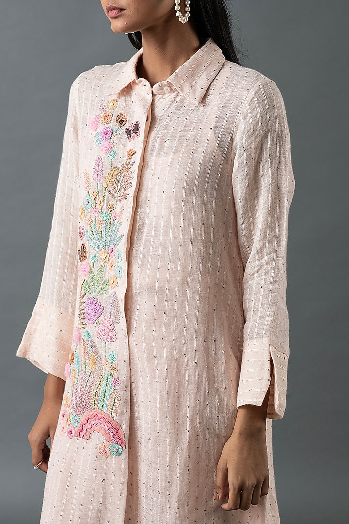 Pink Shrimp Linen Thread Embroidered Tunic Set by OJA at Pernia's Pop Up Shop
