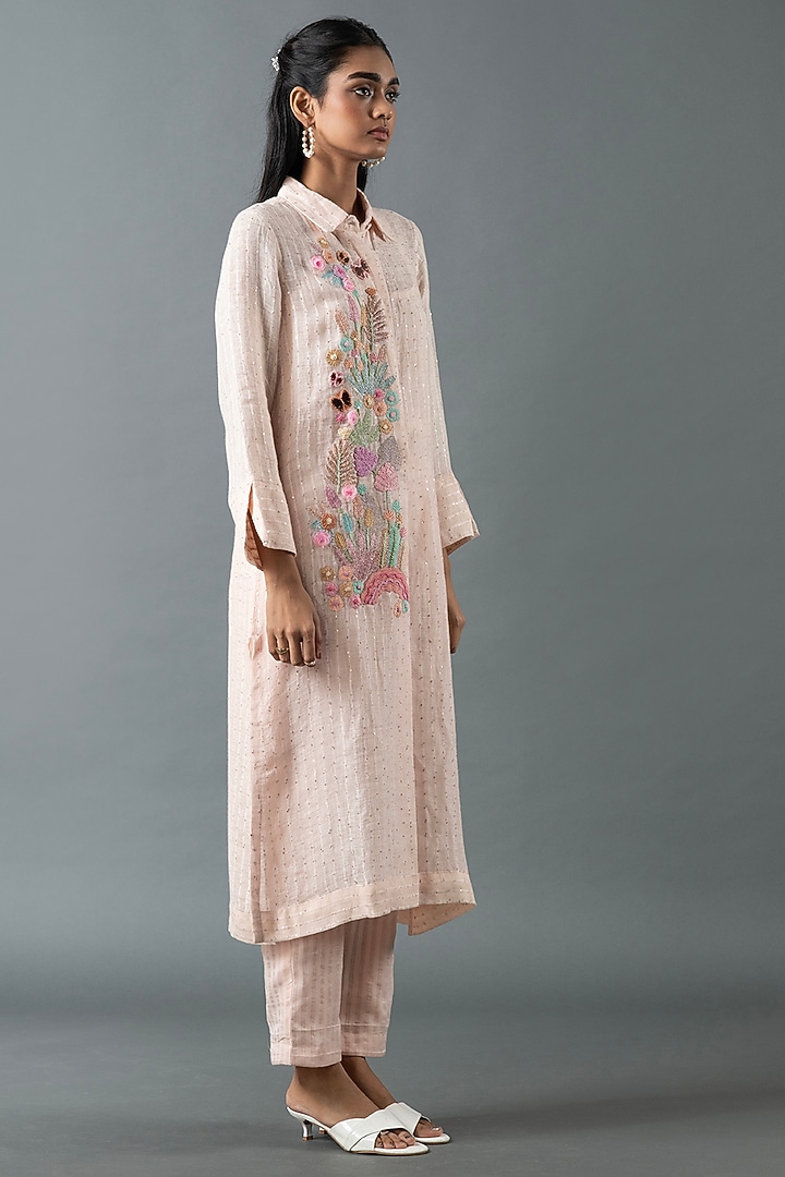Pink Shrimp Linen Thread Embroidered Tunic Set by OJA at Pernia's Pop Up Shop
