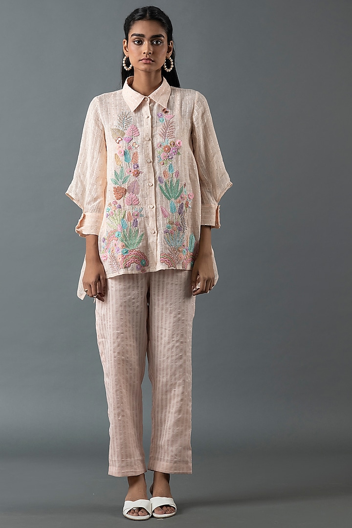 Pink Shrimp Linen Gota Embroidered Co-Ord Set by OJA at Pernia's Pop Up Shop