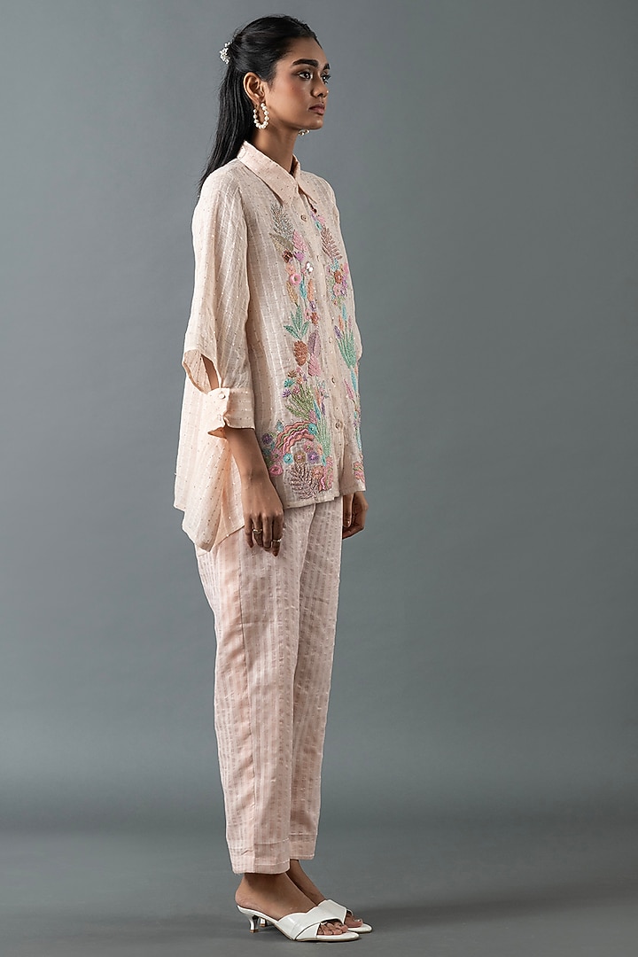 Pink Shrimp Linen Gota Embroidered Co-Ord Set by OJA at Pernia's Pop Up Shop
