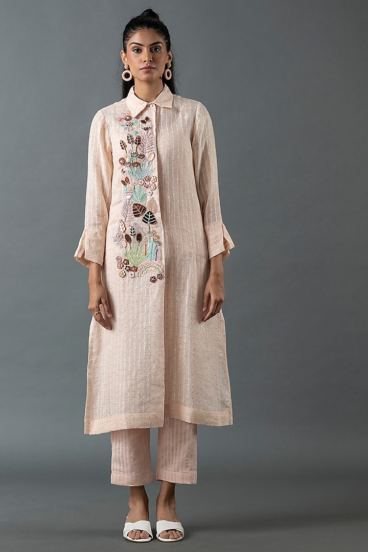 Pink Shrimp Linen Thread Embroidered Tunic Set by OJA at Pernia's Pop Up Shop