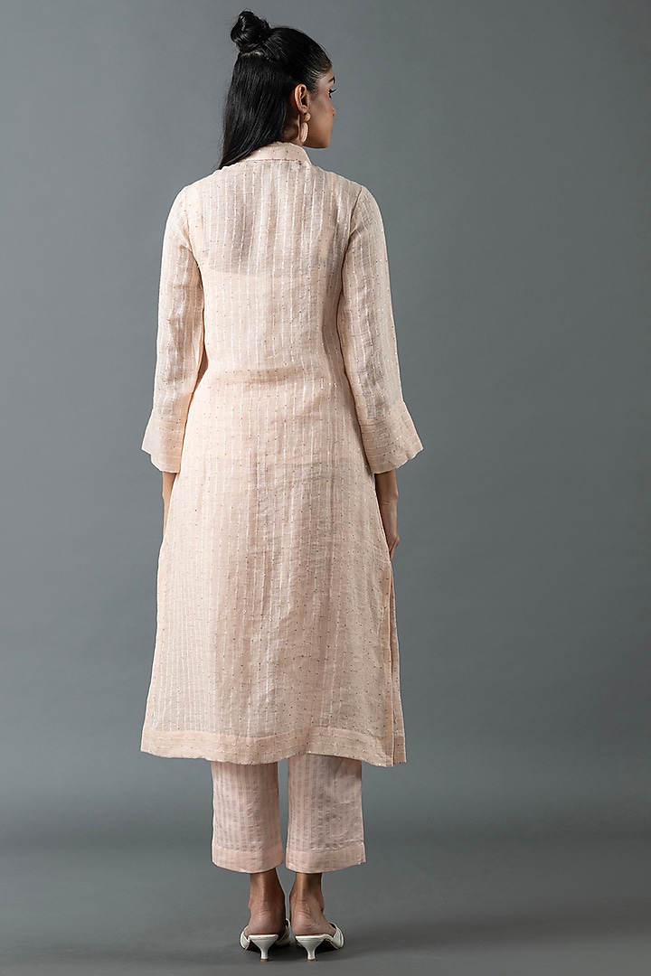 Pink Shrimp Linen Thread Embroidered Tunic Set by OJA at Pernia's Pop Up Shop