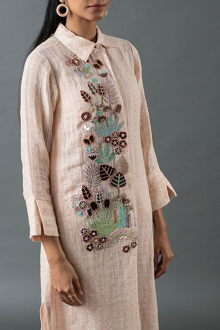 Pink Shrimp Linen Thread Embroidered Tunic Set by OJA at Pernia's Pop Up Shop