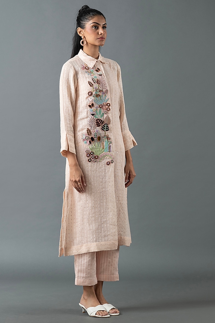 Pink Shrimp Linen Thread Embroidered Tunic Set by OJA at Pernia's Pop Up Shop