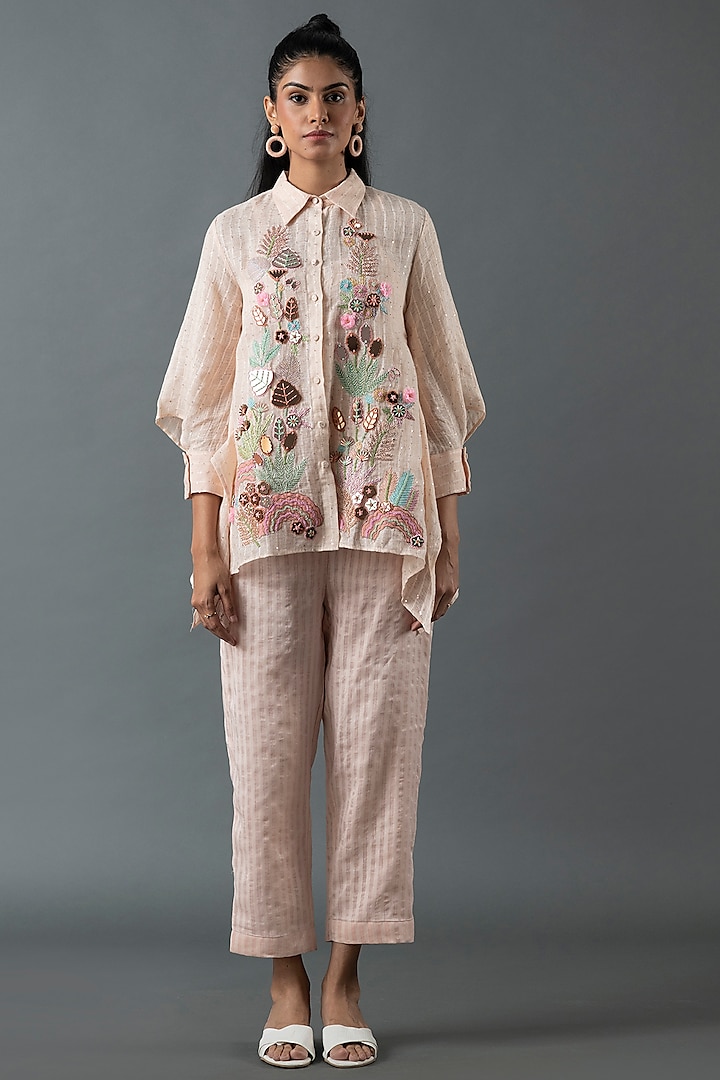 Pink Shrimp Linen Glass Embroidered Co-Ord Set by OJA at Pernia's Pop Up Shop