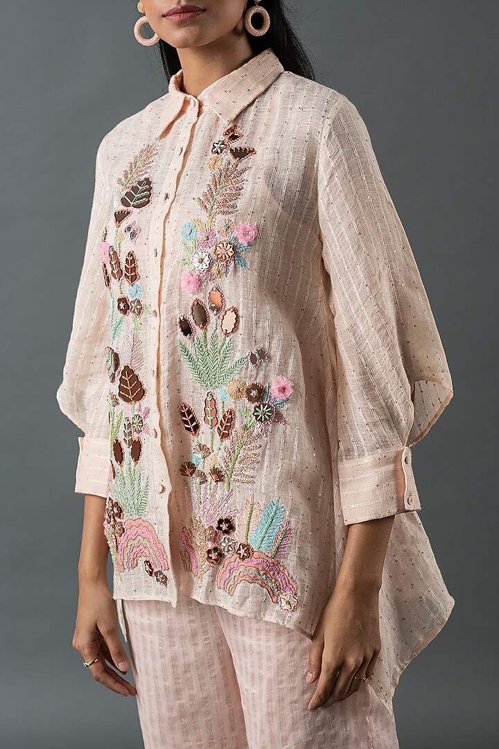 Pink Shrimp Linen Glass Embroidered Co-Ord Set by OJA at Pernia's Pop Up Shop