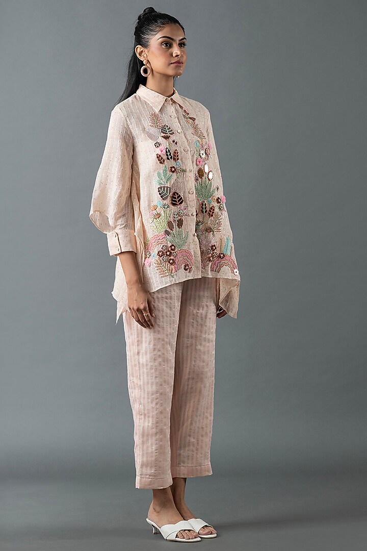 Pink Shrimp Linen Glass Embroidered Co-Ord Set by OJA at Pernia's Pop Up Shop