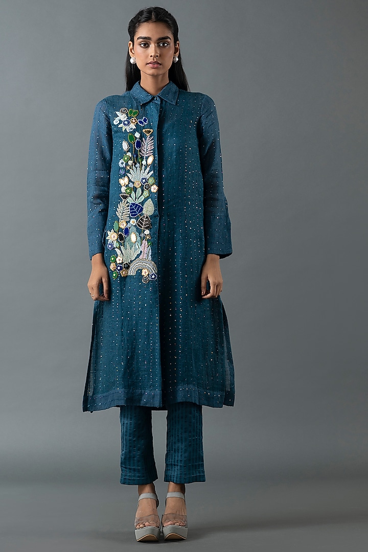 Midnight Blue Shrimp Linen Thread Embroidered Tunic Set by OJA at Pernia's Pop Up Shop