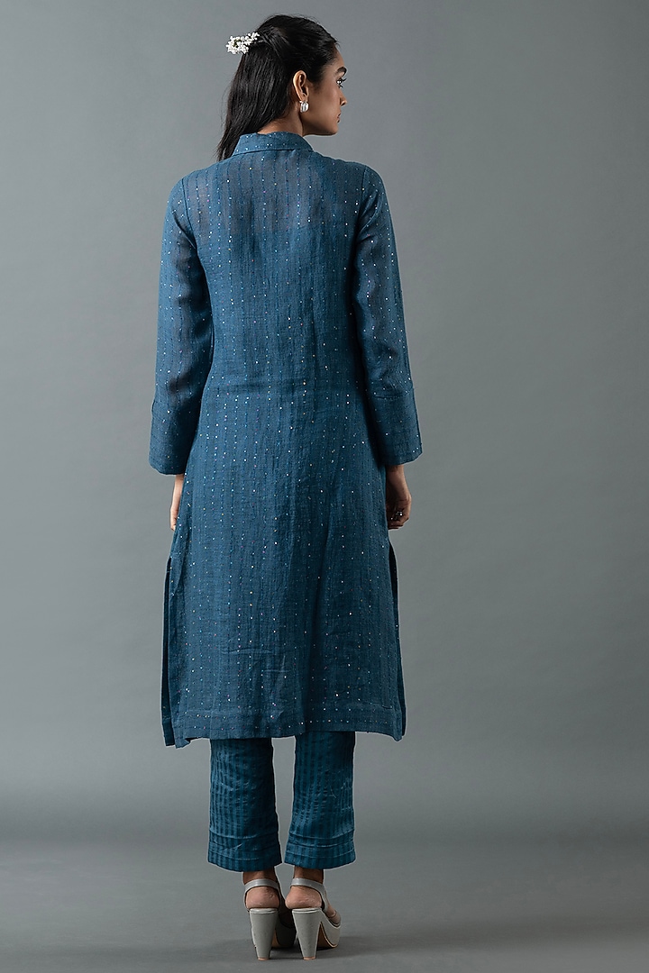 Midnight Blue Shrimp Linen Thread Embroidered Tunic Set by OJA at Pernia's Pop Up Shop