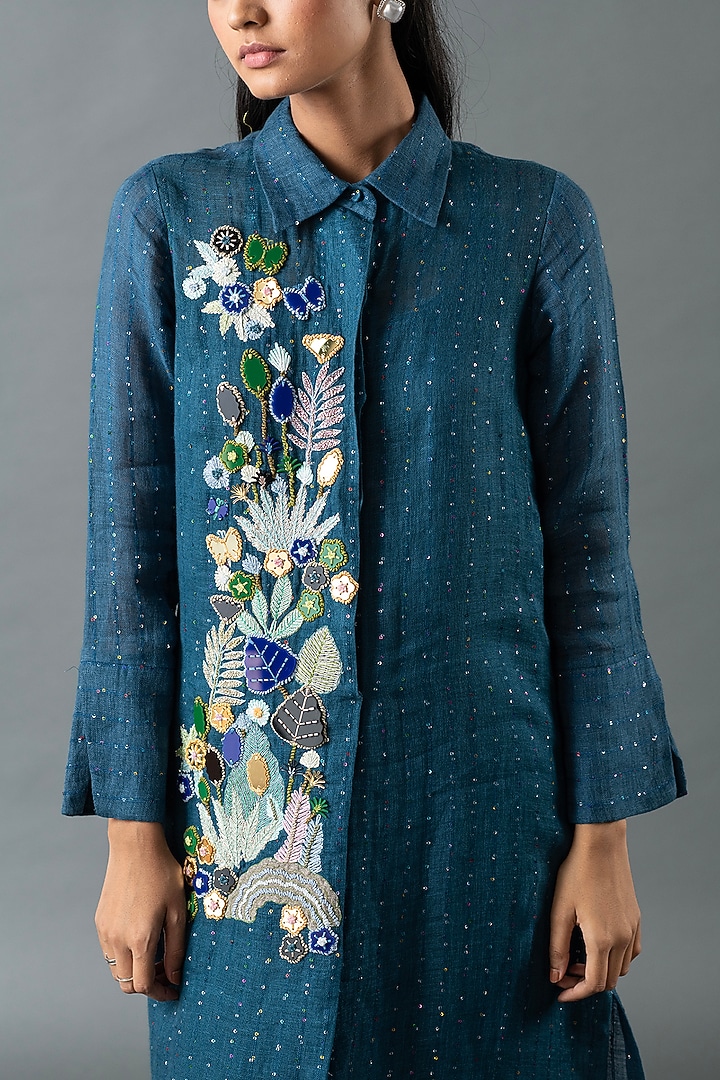 Midnight Blue Shrimp Linen Thread Embroidered Tunic Set by OJA at Pernia's Pop Up Shop