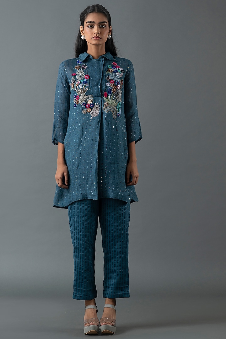 Midnight Blue Shrimp Linen Glass Embroidered Tunic Set by OJA