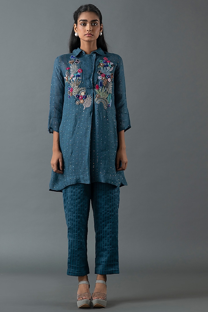 Midnight Blue Shrimp Linen Glass Embroidered Tunic Set by OJA at Pernia's Pop Up Shop