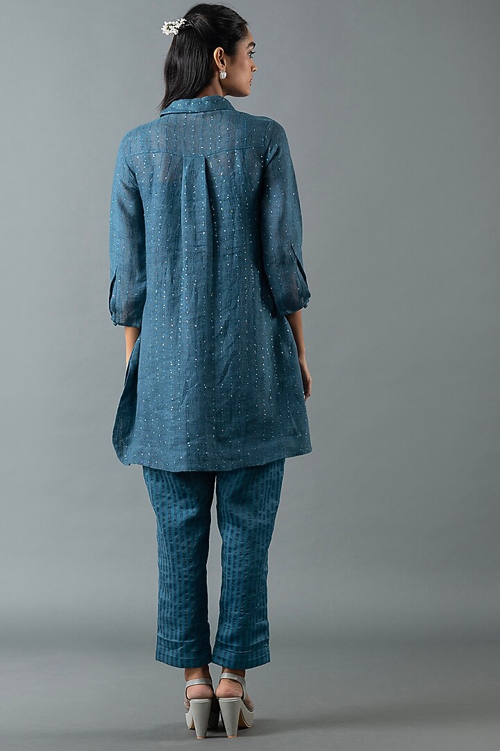 Midnight Blue Shrimp Linen Glass Embroidered Tunic Set by OJA at Pernia's Pop Up Shop