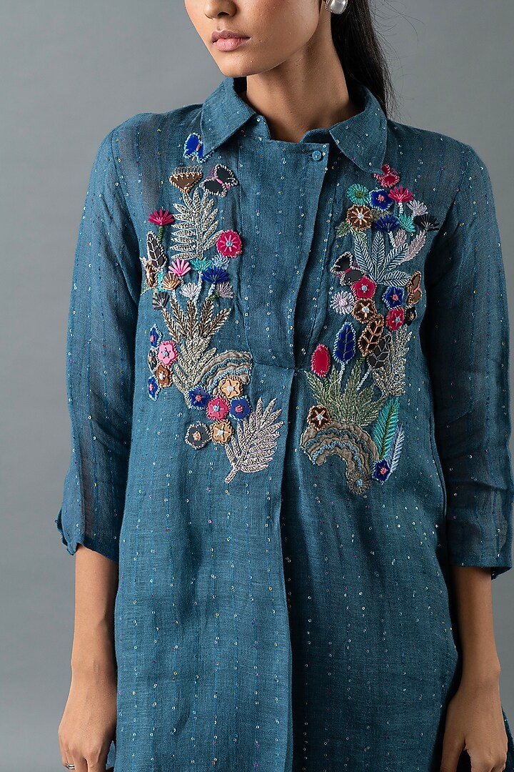 Midnight Blue Shrimp Linen Glass Embroidered Tunic Set by OJA at Pernia's Pop Up Shop
