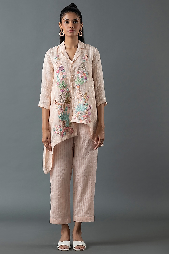 Pink Shrimp Linen Gota Embroidered Co-Ord Set by OJA at Pernia's Pop Up Shop