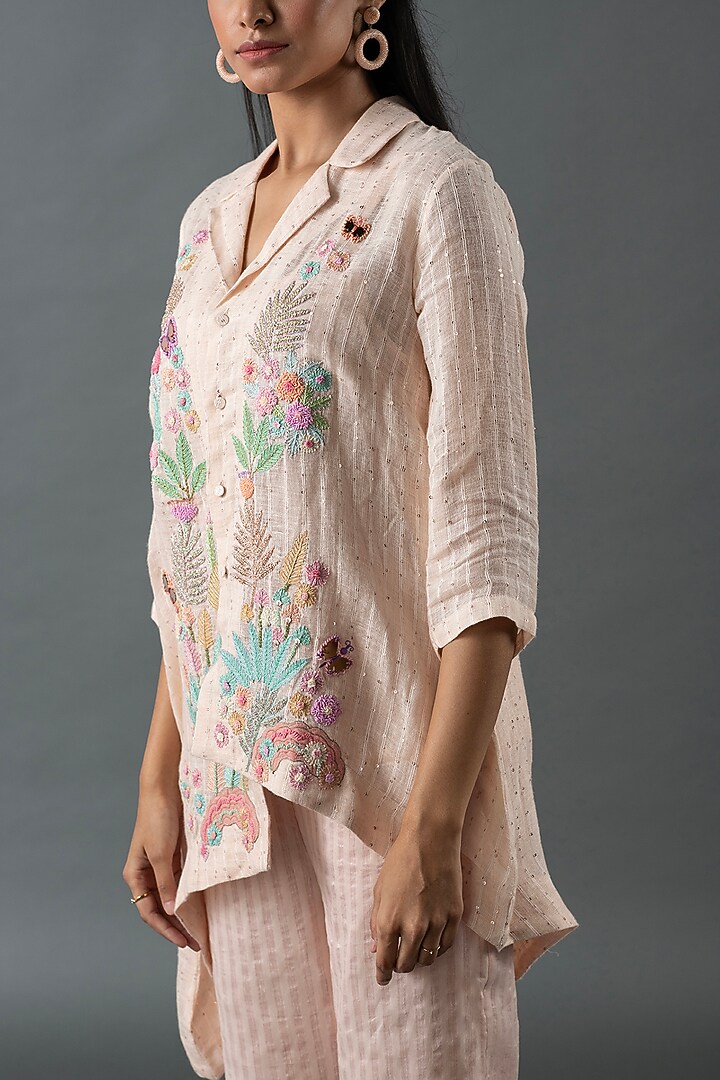 Pink Shrimp Linen Gota Embroidered Co-Ord Set by OJA at Pernia's Pop Up Shop