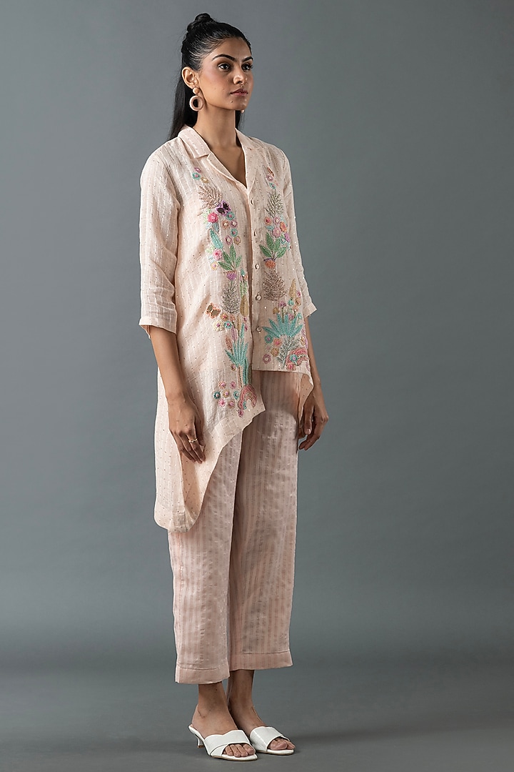 Pink Shrimp Linen Gota Embroidered Co-Ord Set by OJA at Pernia's Pop Up Shop