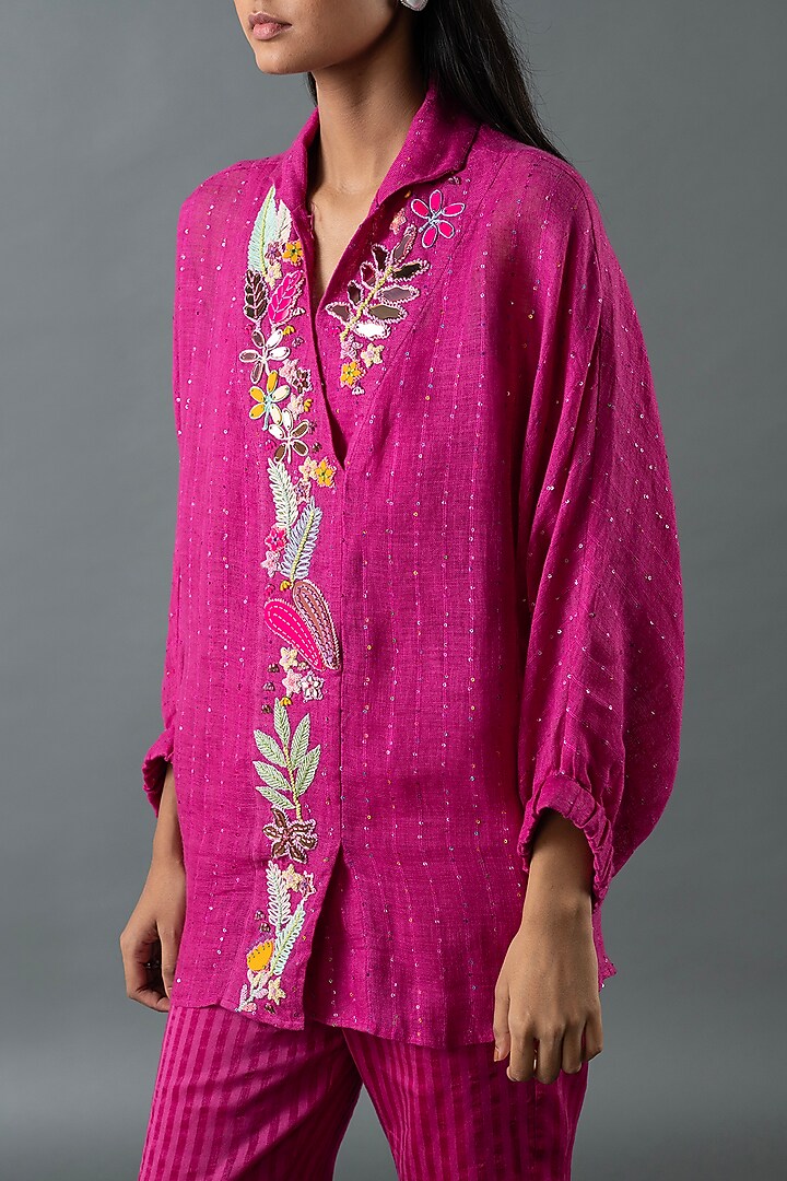 Magenta Linen Pant Set by OJA at Pernia's Pop Up Shop