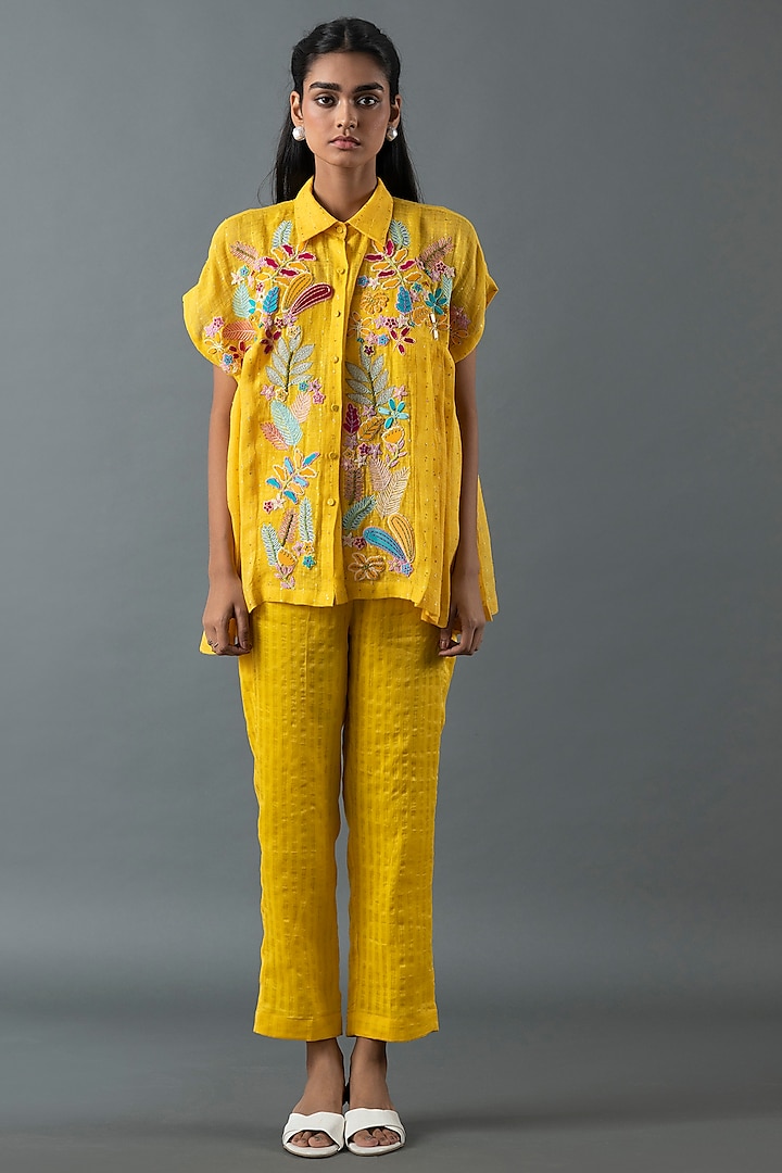 Yellow Shrimp Linen Glass Embroidered Co-Ord Set by OJA at Pernia's Pop Up Shop