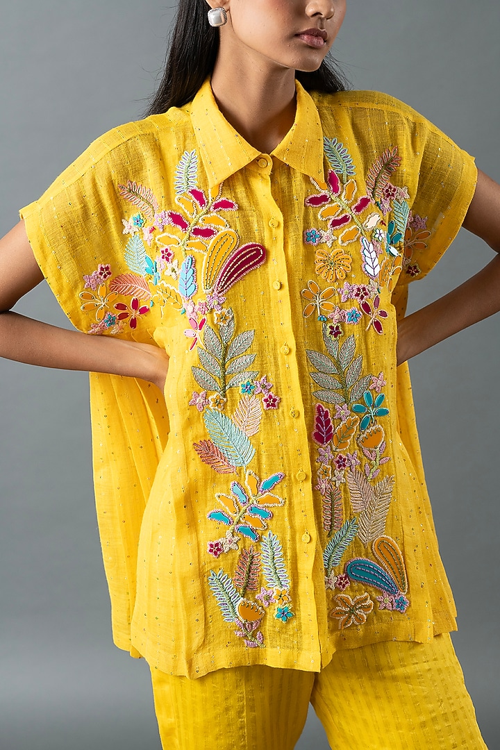 Yellow Shrimp Linen Glass Embroidered Co-Ord Set by OJA at Pernia's Pop Up Shop