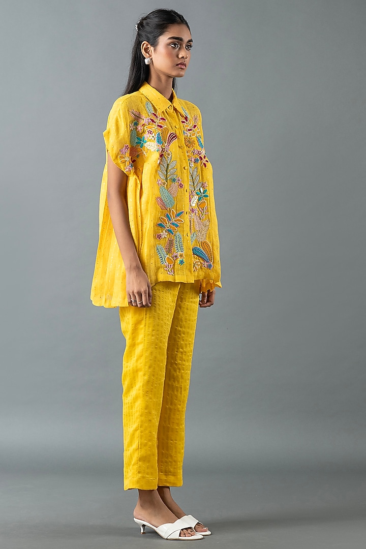 Yellow Shrimp Linen Glass Embroidered Co-Ord Set by OJA at Pernia's Pop Up Shop